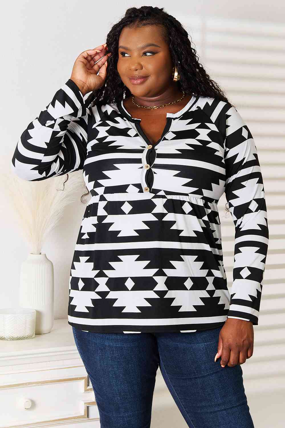 Heimish Full Size Geometric Notched Neck Long Sleeve Top - SIZES S THRU 3XL - T - 1 COLOR -