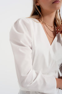 Thumbnail for Q2 - Puff Sleeve Wrap Front Top With Belt Detail in White - 1 COLOR -