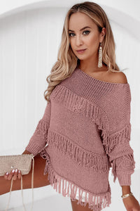 Thumbnail for Fringe Detail Long Sleeve Sweater - T - 2 COLORS -