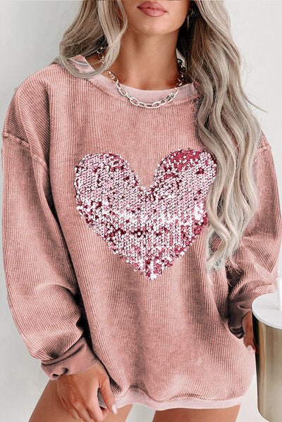 Plus Size Heart Sequin Round Neck Sweatshirt - SIZES 1XL THRU 3XL - T - 3 COLORS -