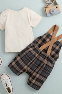 Thumbnail for Baby Round Neck Tee and Plaid Overalls Set - 2 PCS - T - 1 COLOR -