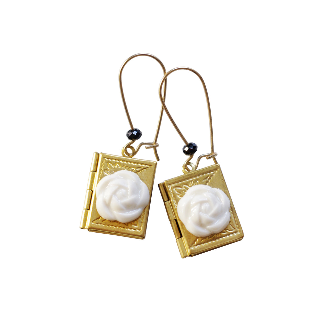 Porcelain Camellia Yellow Brass Book Locket Earrings -