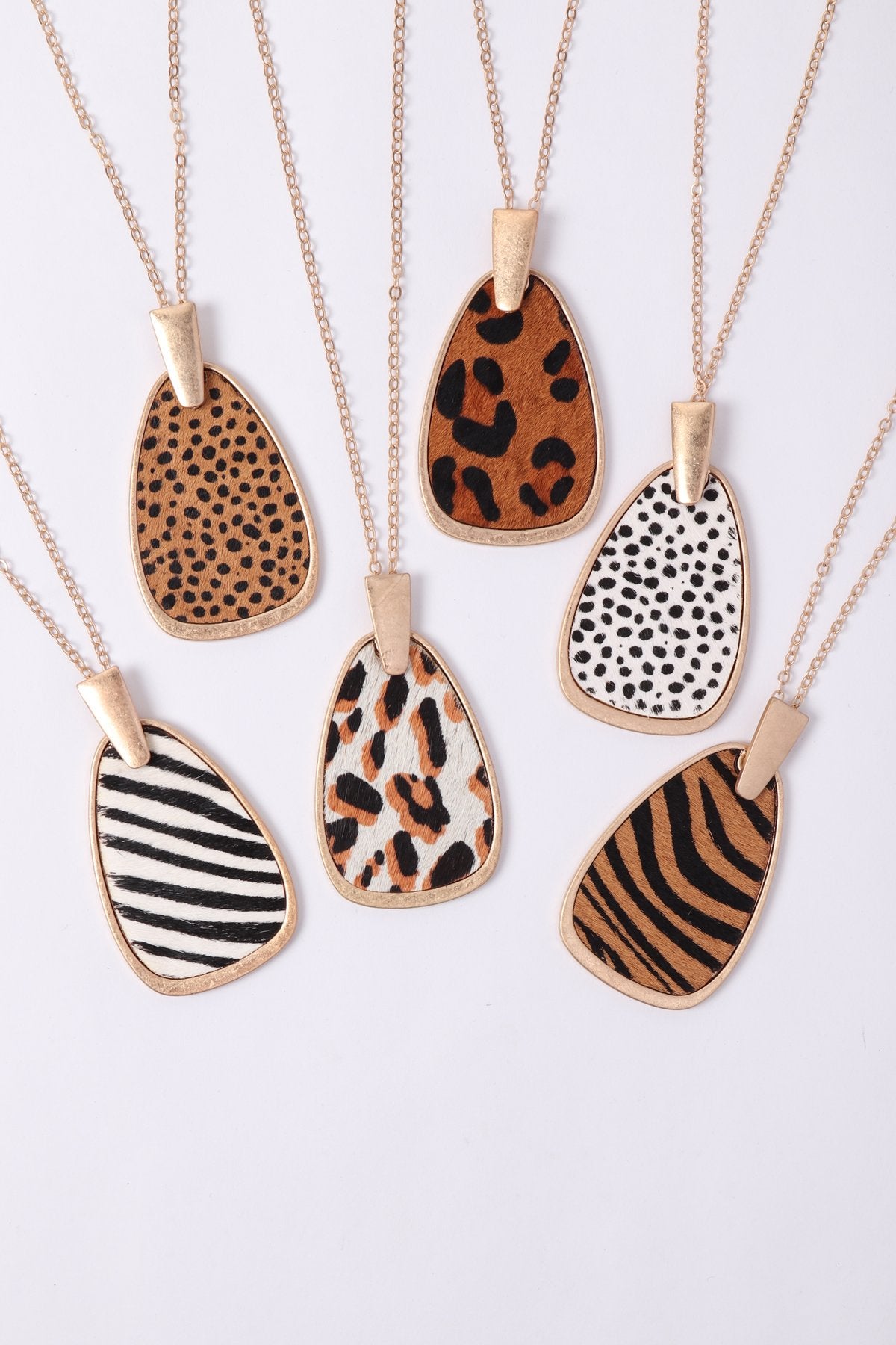 Geometric Shape W/ Real Calf Hair Pendant Necklace - 6 ANIMAL COLORS -