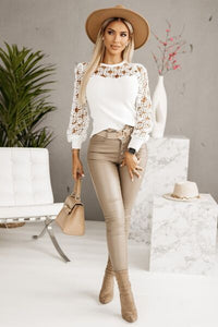 Thumbnail for Hollowed Floral Lace Spliced Long Sleeve Blouse - T - 2 COLORS -