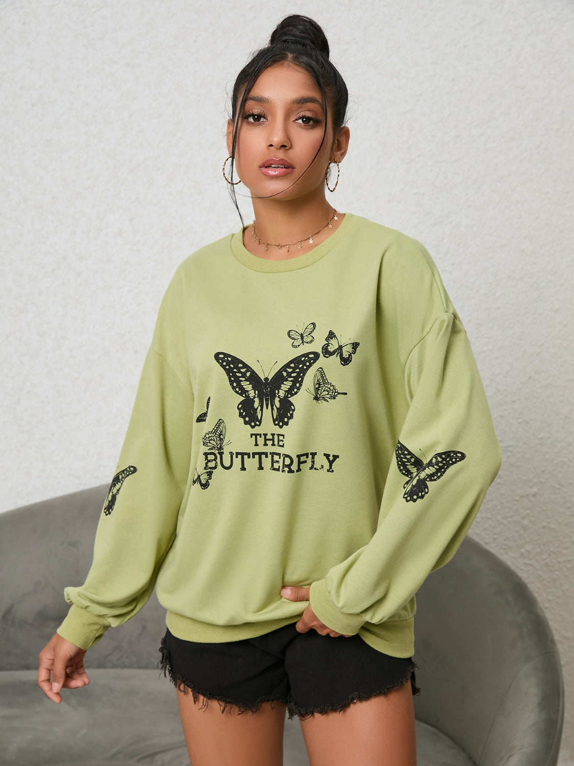 Butterfly Graphic Drop Shoulder Sweatshirt - T - 1 COLOR -