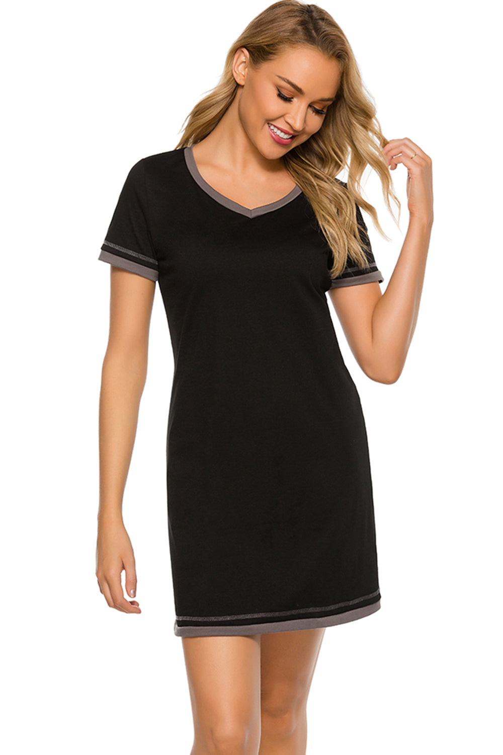 Contrast Trim Short Sleeve Lounge Dress - T - 11 COLORS -