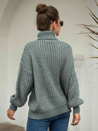 Thumbnail for Turtleneck Cable-Knit Dropped Shoulder Sweater - T - 5 COLORS -