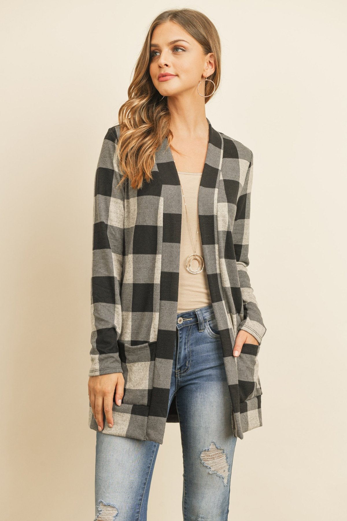 Riah Fashion - Plaid Long Sleeved Front Pocket Open Cardigan - 3 COLORS -