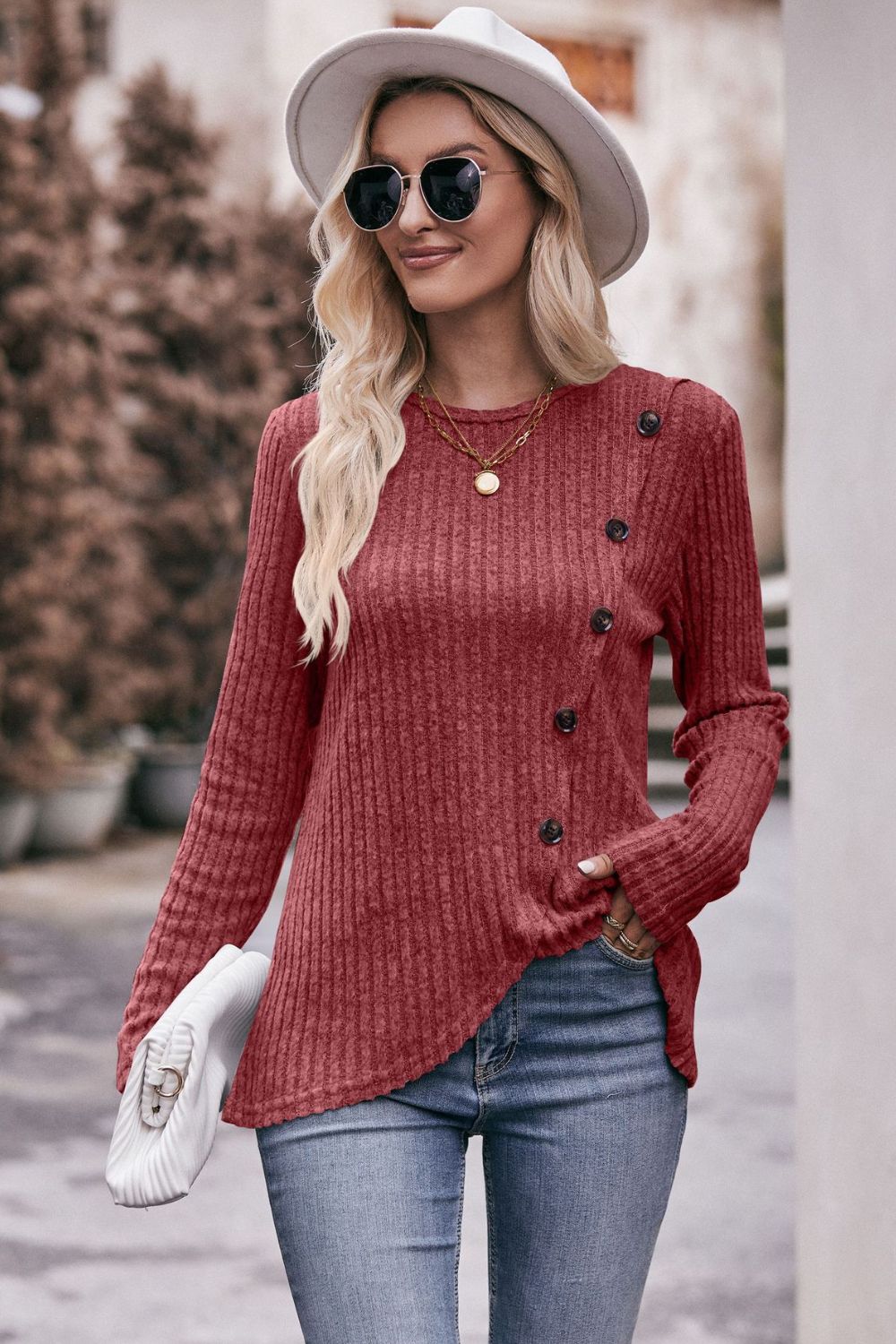 Double Take Ribbed Round Neck Buttoned Long Sleeve Tee - T - 7 COLORS -