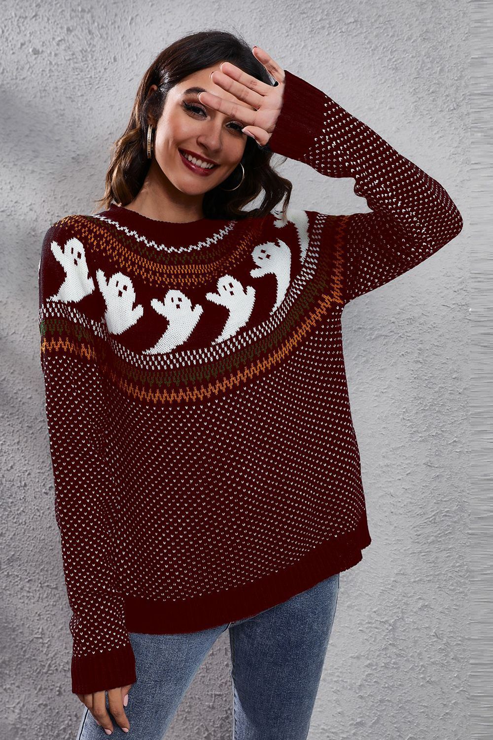 Ghost Pattern Round Neck Long Sleeve Sweater - T - 7 COLORS -