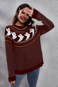 Thumbnail for Ghost Pattern Round Neck Long Sleeve Sweater - T - 7 COLORS -