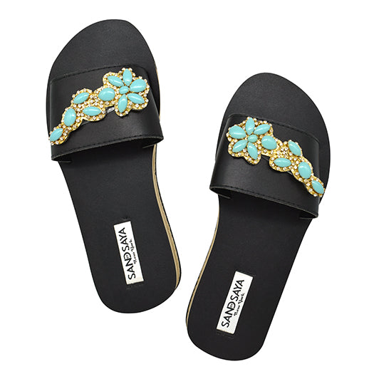 SAND BY SAYA N.Y. - Brooklyn-Turquoise Flower-Waterproof Espadrille Rhine Stone Embellished Slide Flat Sandal - 3 COLORS -