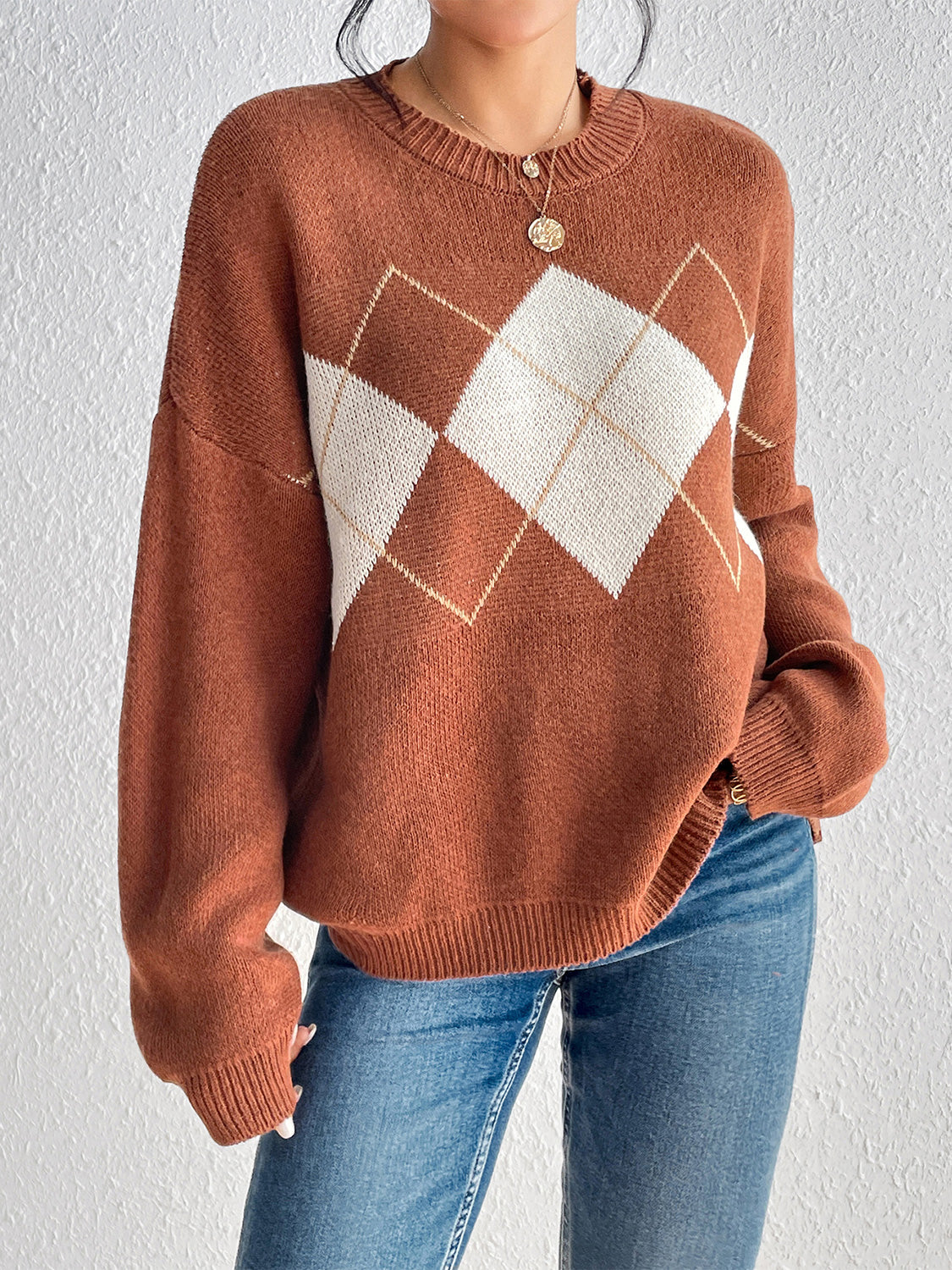 Geometric Dropped Shoulder Sweater - T - 1 COLOR -