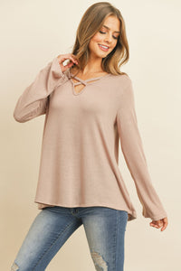 Thumbnail for Criss Cross Neck Long Sleeve Hacci Top - 5 COLORS -