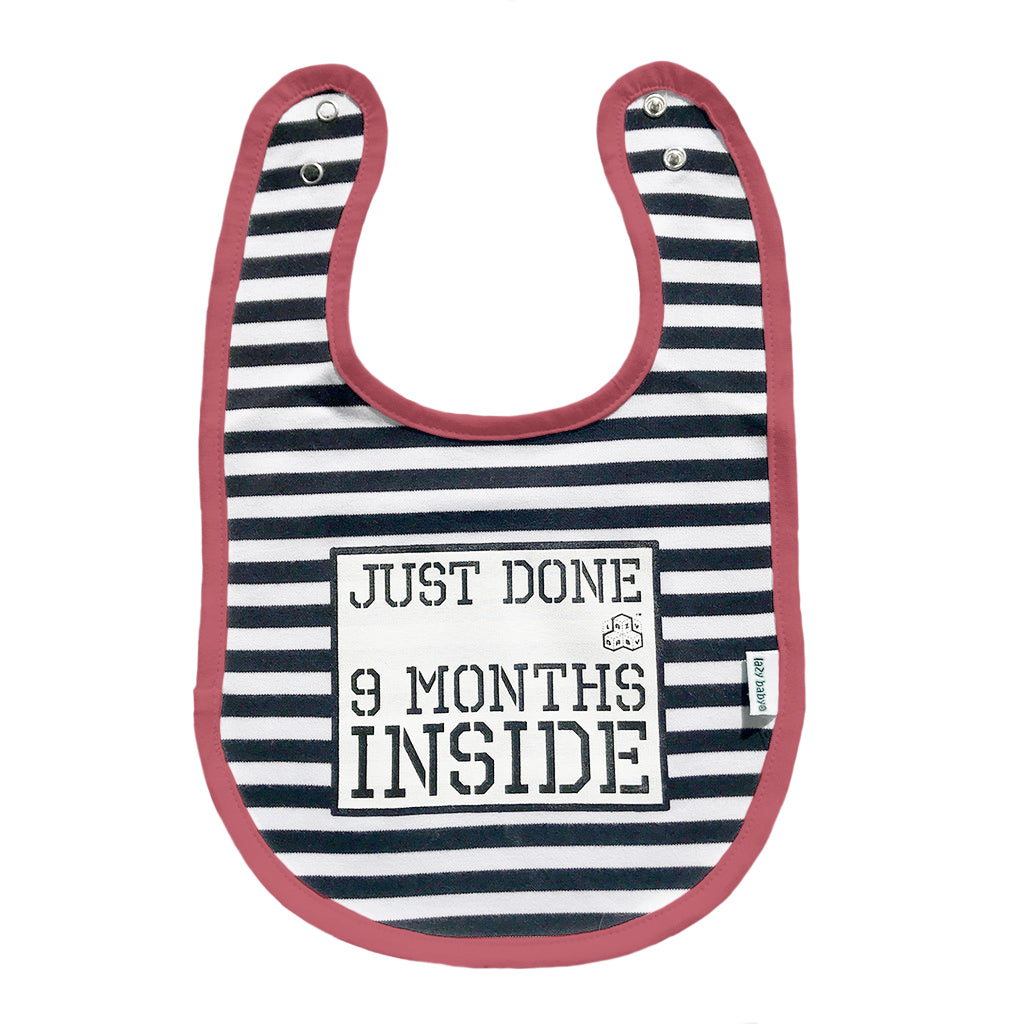 Lazy Baby® Baby Shower Gift : Just Done 9 Months Inside® : New Born Bib Pink Trim for Girl -