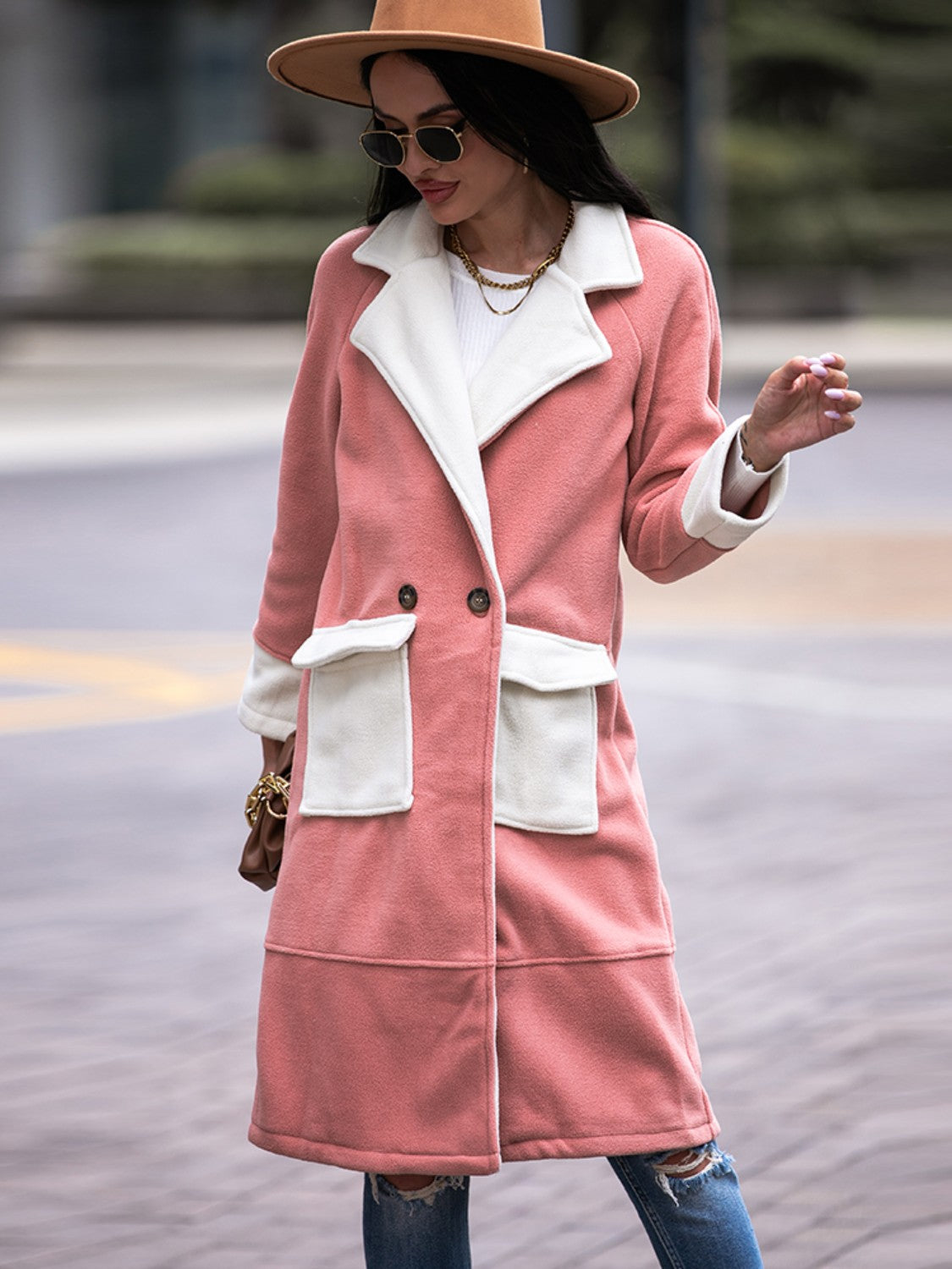 Contrast Lapel Collar Coat with Pockets - T - 2 COLORS -