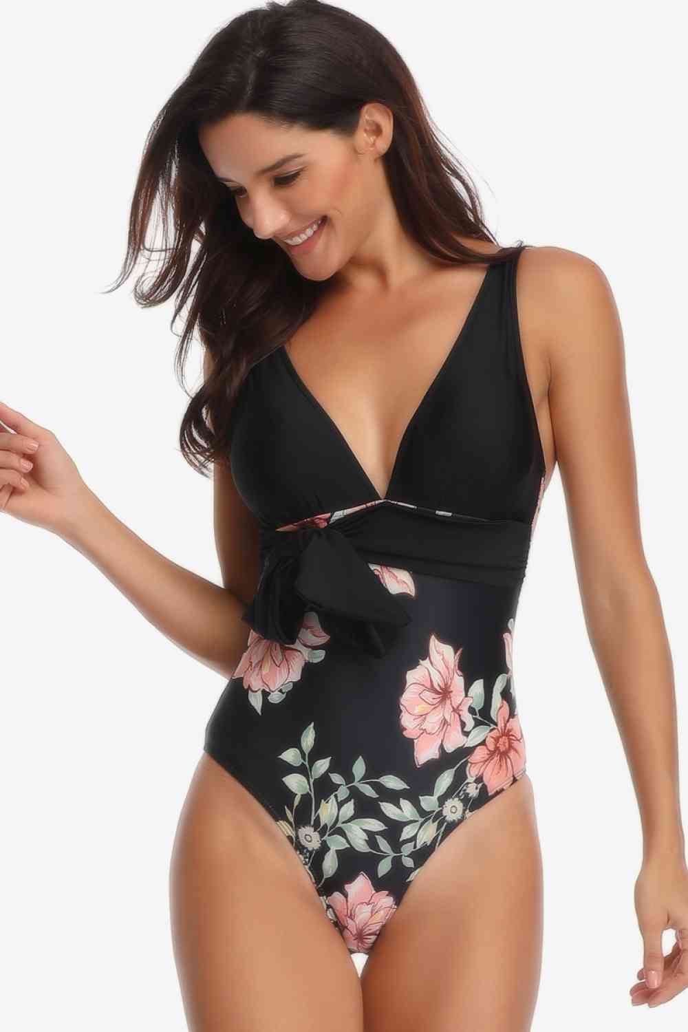 Floral Tied One-Piece Swimsuit - T - 1 COLOR -