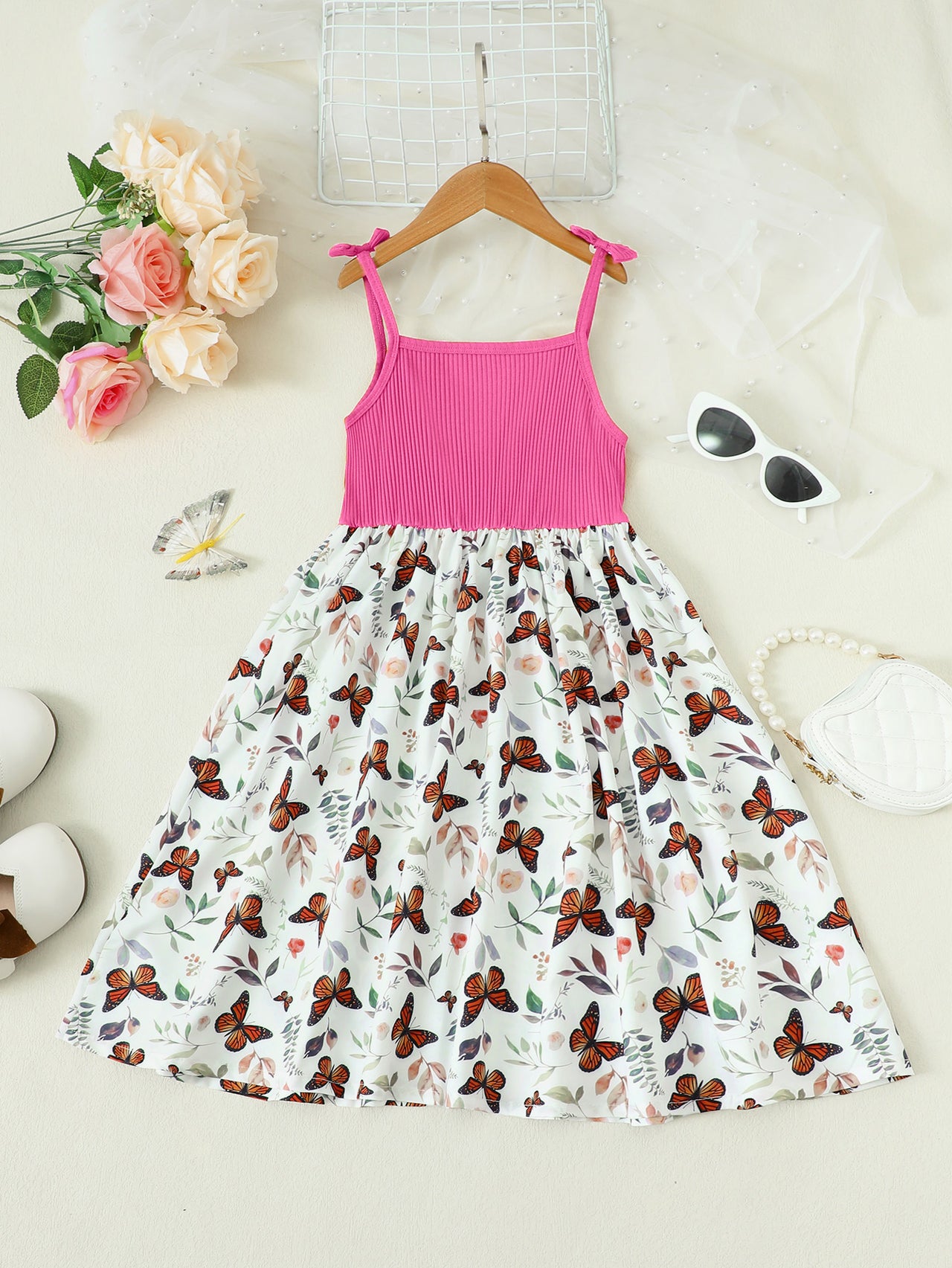 Butterfly Print Bow Detail Dress - T - 4 SIZES - 2 COLORS -