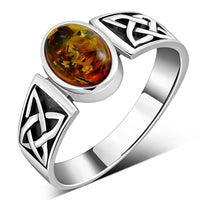 Thumbnail for Creidne - Celtic Baltic Amber Sterling Silver Ring - 8 SIZES -