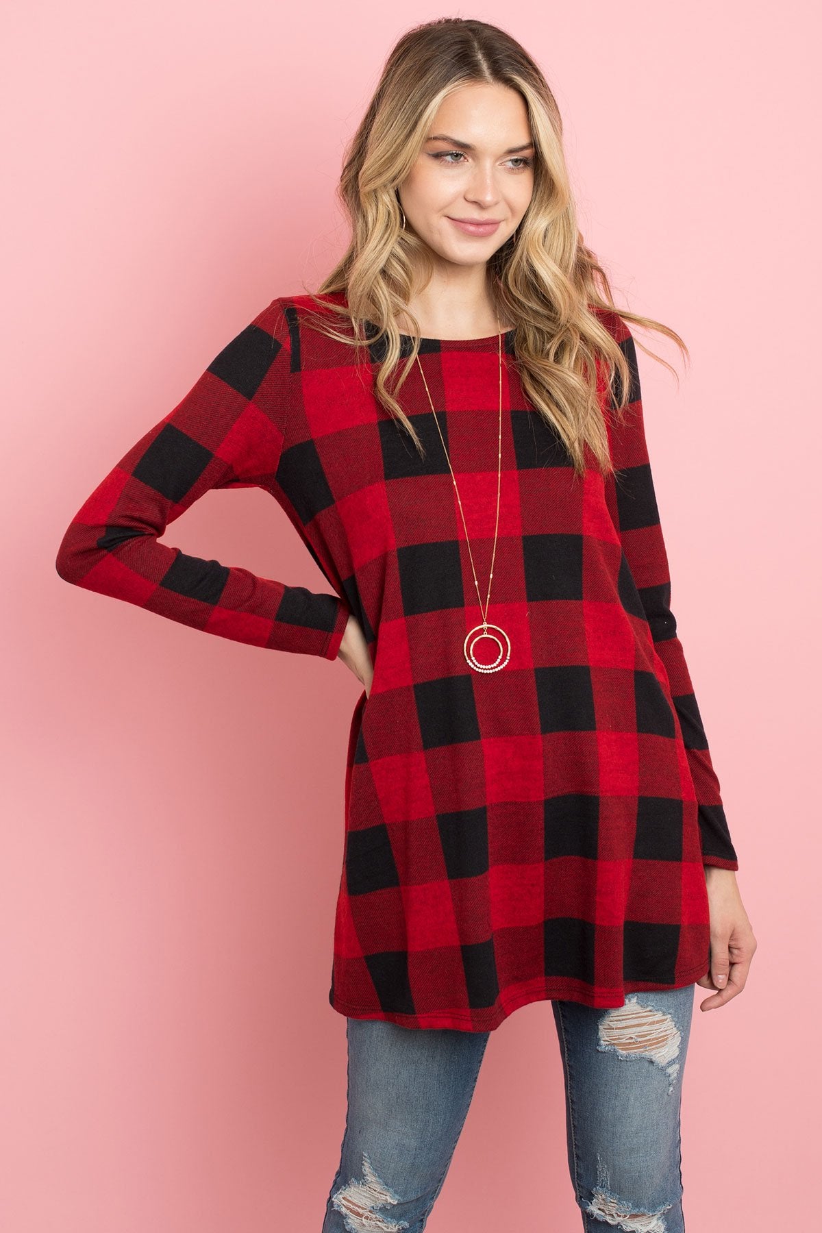 Riah Fashion - Plaid Long Sleeves A-Line Top - 4 COLORS -