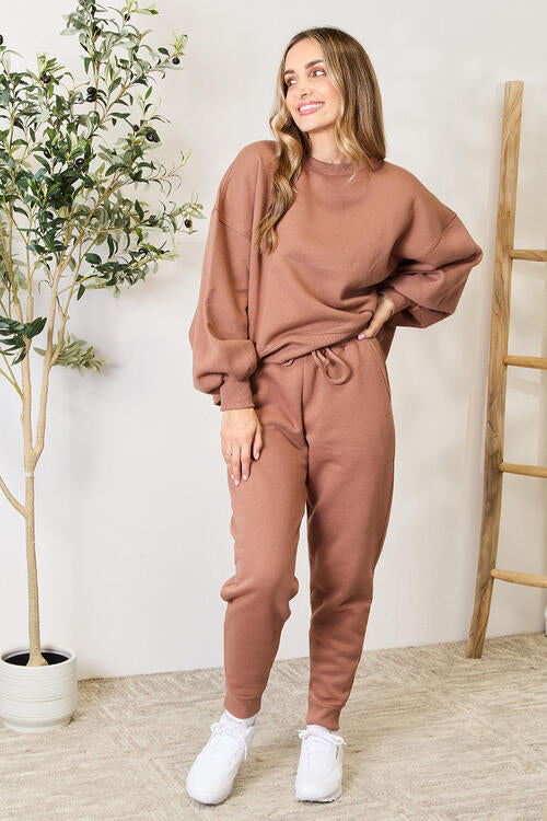 Zenana Lantern Sleeve Sweatshirt and Drawstring Sweatpants Set - 2 PCS. - T - 1 COLOR -