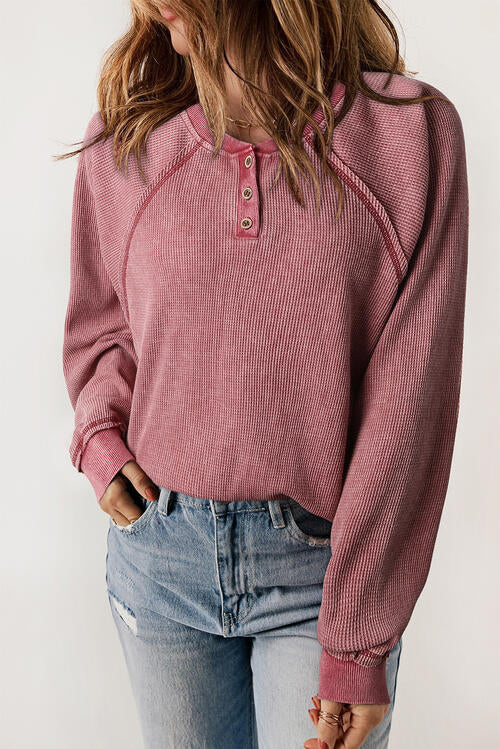 Half Button Round Neck Long Sleeve Sweatshirt - T - 2 COLORS -