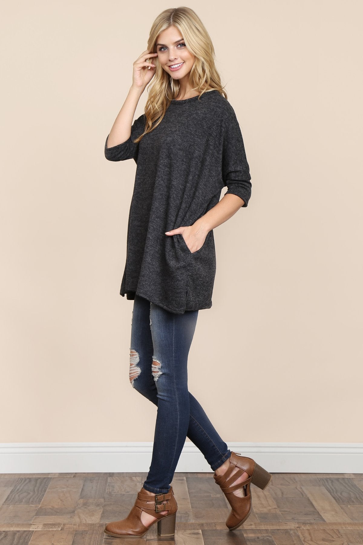 Riah Fashion - Two Tone Hacci Oversized Dropped Shoulder Pocket Tunic - 3 COLORS -