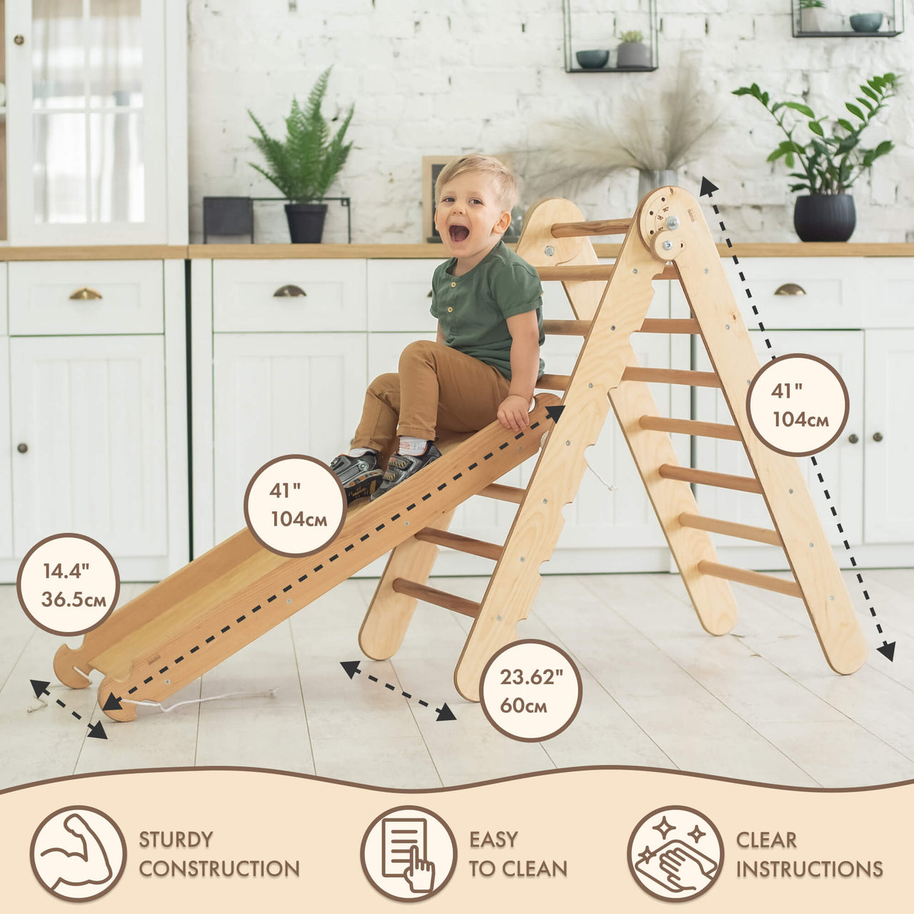 2in1 Montessori Climbing Frame Set: Triangle Ladder + Slide Board/Ramp – Chocolate