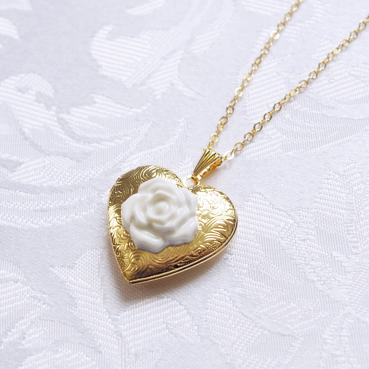 Classic Heart Locket With Porcelain Rose Pendant Necklace -