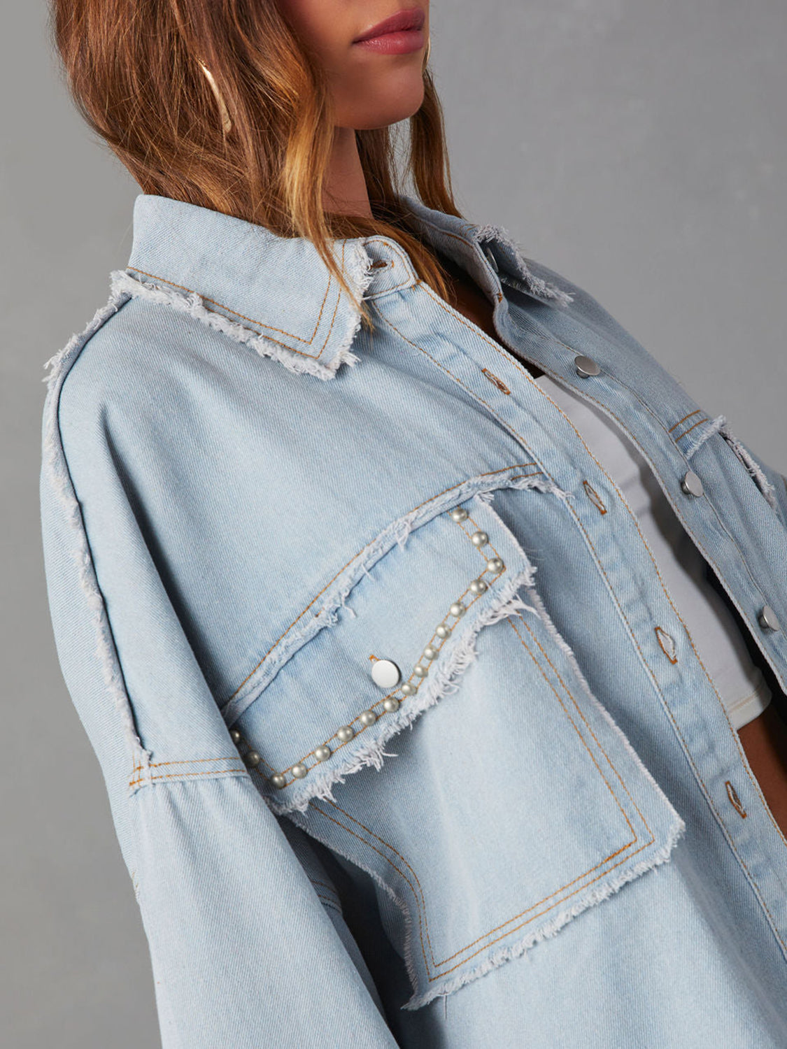 Button Down Raw Hem Denim Jacket - T - 2 COLORS -