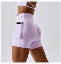 Thumbnail for Women's Naked Hip Pocket Crossover Waist Leggings Sports Shorts - K - 5 COLORS -