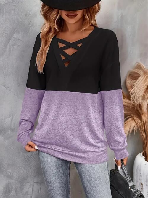 Contrast Crisscross V-Neck Long Sleeve Top - T - 3 COLORS -