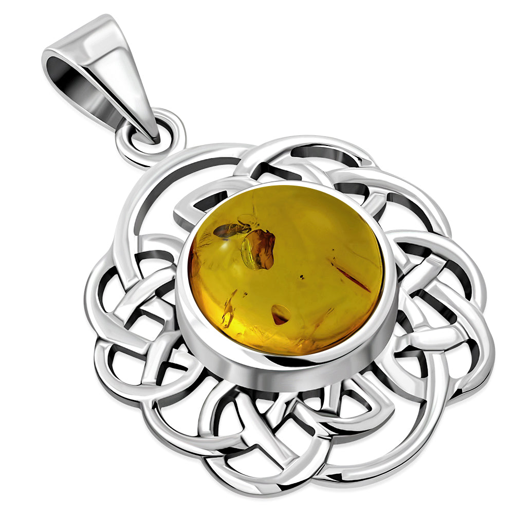 Creidne - Round Celtic Knot Silver Pendant Set W/ Baltic Amber -