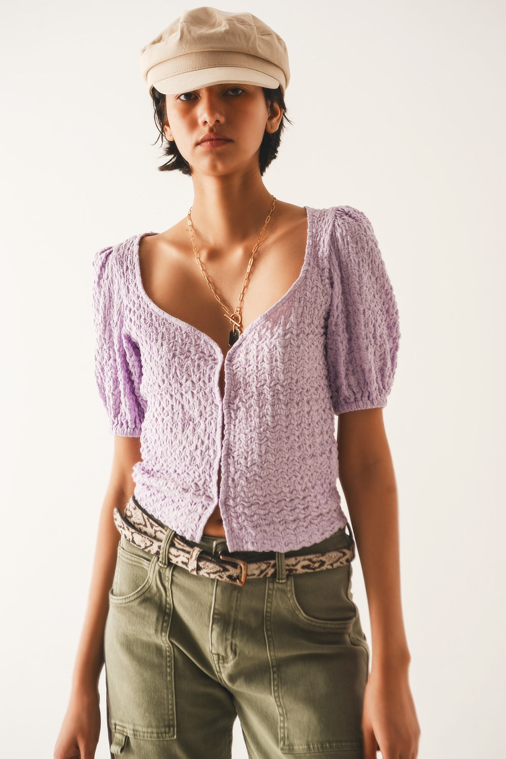 Q2 - Top With Balloon Sleeves and Hook and Eye Closure in Lilac - 1 COLOR -