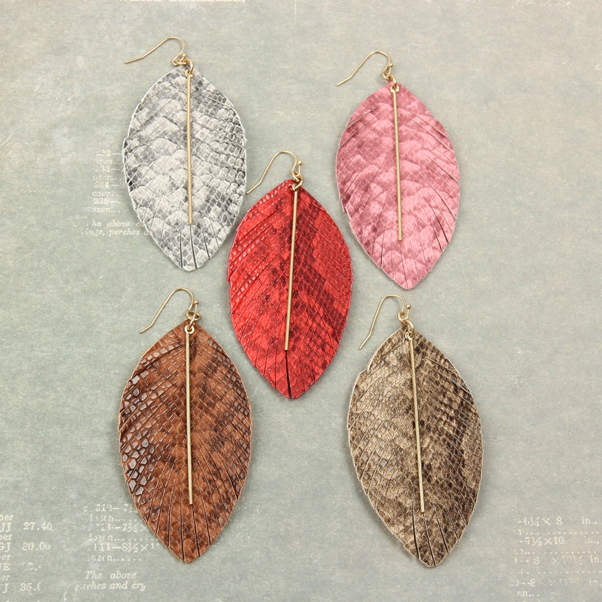 Leather Feather Snakeskin Fish Hook Bar Earrings - 5 COLORS -