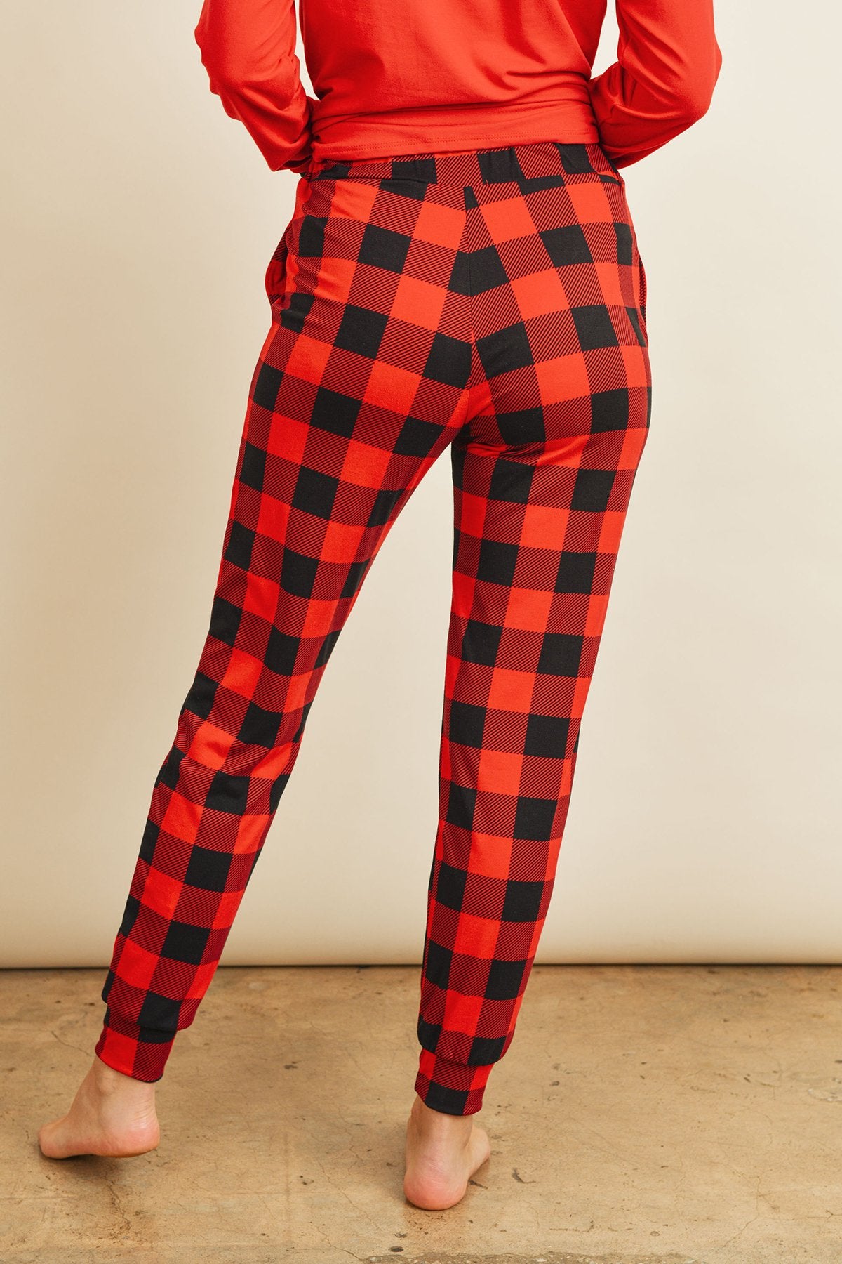 Riah Fashion - Solid Top and Plaid Joggers Set With Self Tie - 2 PCS. - 1 COLOR -