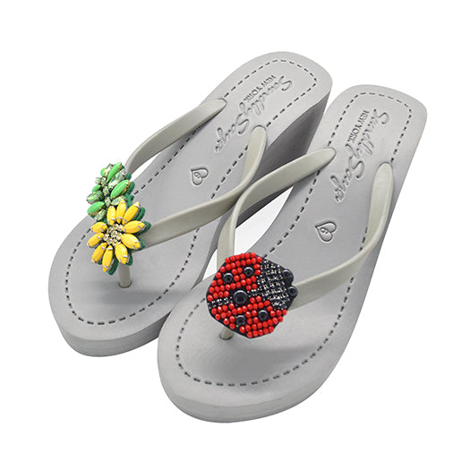 SAND BY SAYA N.Y. - Ladybug & Daisy - Red and Yellow Embellished Motifs Women's High Wedge Flip Flops Sandal - 3 COLORS -