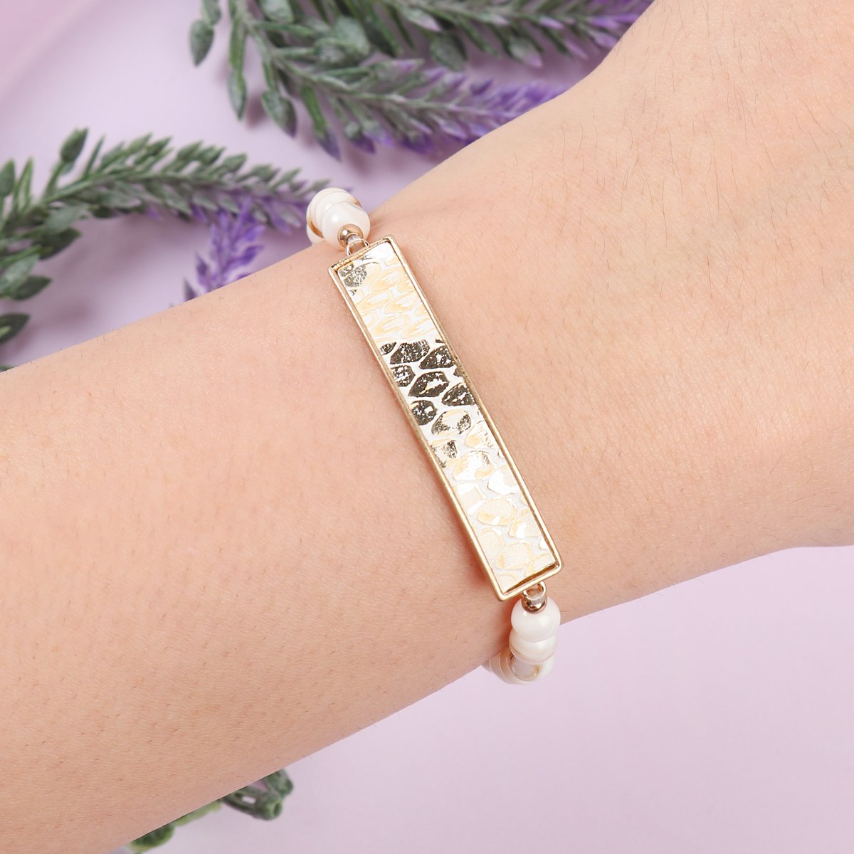 Animal Print Bar With Beaded Stone Bracelet - 7 COLORS