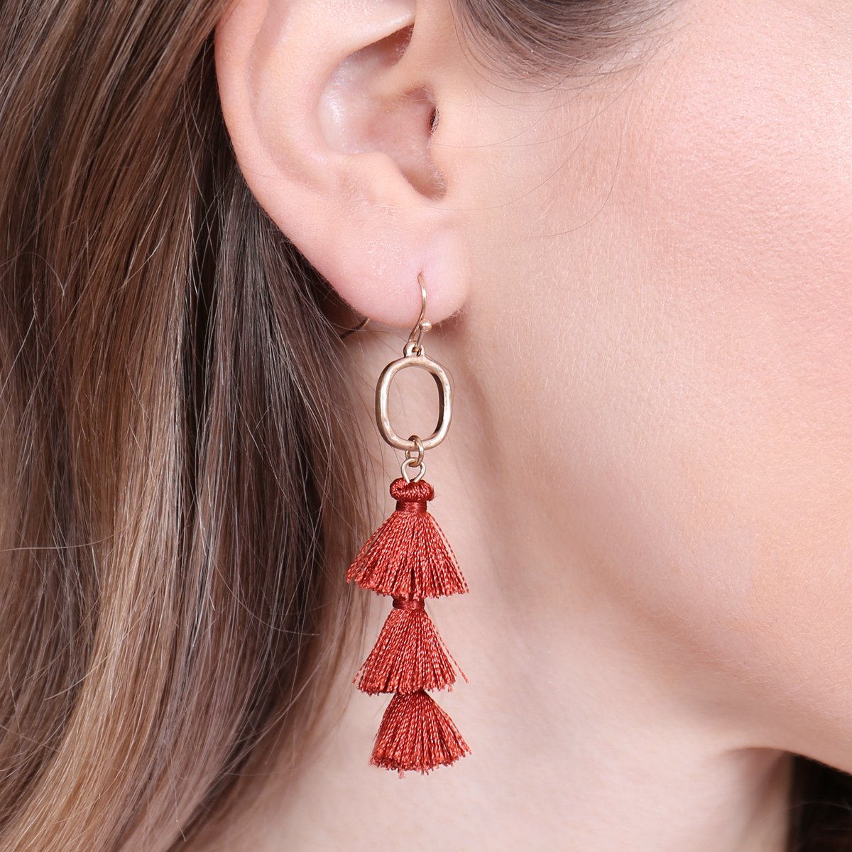 Three Drop Tassel With Metal Hook Earrings - 11 COLORS -