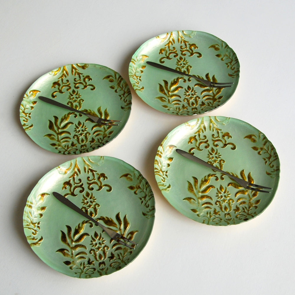 Set/4 DAMASK 6.5" TURQUOISE/GOLD CANAPE PLATES