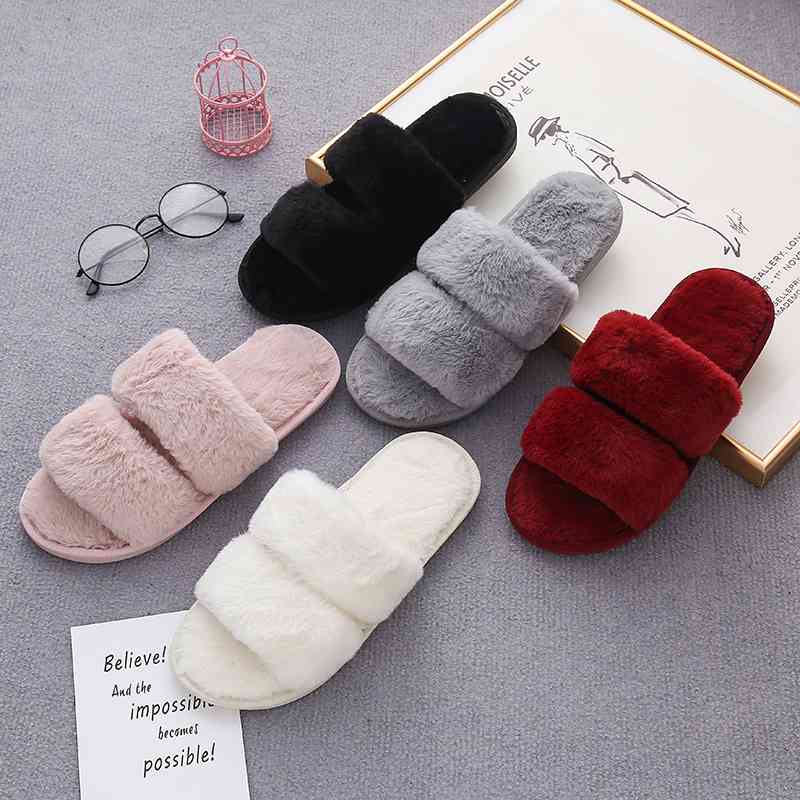 Faux Fur Double Strap Slippers - T - 5 COLORS -