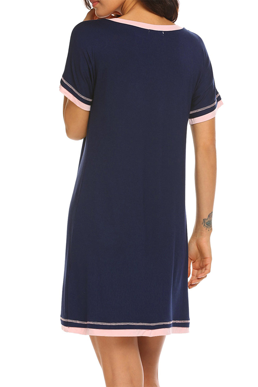 Contrast Trim Short Sleeve Lounge Dress - T - 11 COLORS -