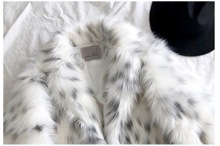 Sharon Tatem - Faux Fox Fur Coat - Casual Snow Leopard Print Fur Jacket - Thick Warm Mid-Long Plush Outer -