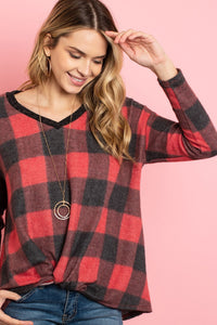 Thumbnail for Riah Fashion - Brushed V-Neck Plaid Long Sleeve Knot Top - 2 COLORS -