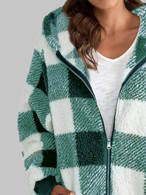 Plaid Zip-Up Hooded Jacket with Pockets - T - 7 COLORS -