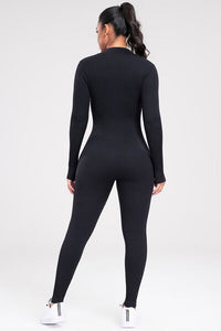 Thumbnail for Zip Up Ribbed Long Sleeve Skinny Active Jumpsuit - T - 2 COLORS -