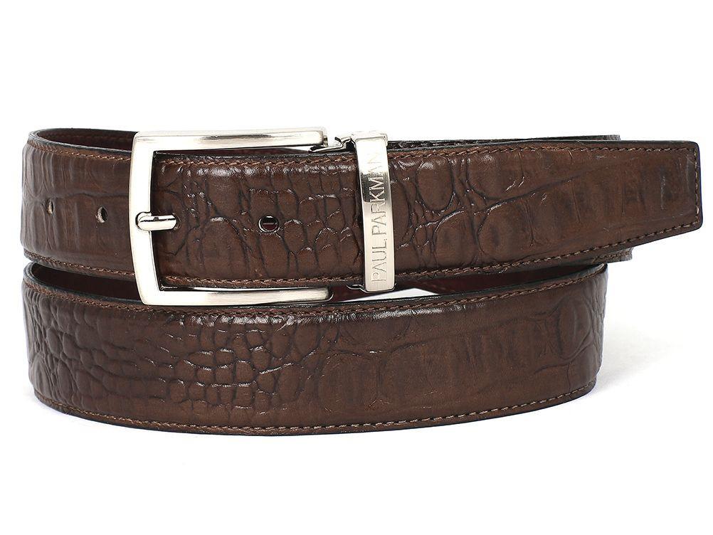 PAUL PARKMAN - Men's Crocodile Embossed Calfskin Leather Belt Hand-Painted Brown -