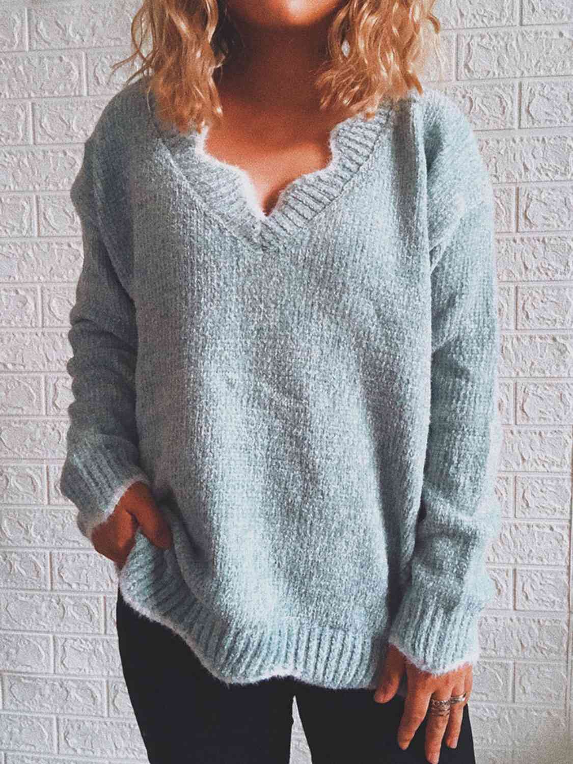 Notched Dropped Shoulder Long Sleeve Sweater - T - 5 COLORS -