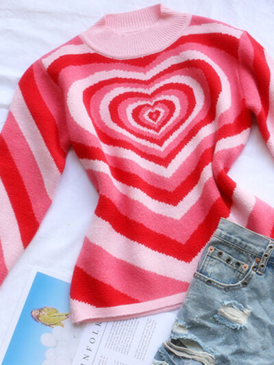 Heart Mock Neck Long Sleeve Sweater - T - 4 COLORS -