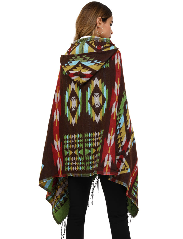 Women's Print or Plain Fringe Hooded Knit Cape Shawl - K - 2 Print patterns - 4 COLORS -